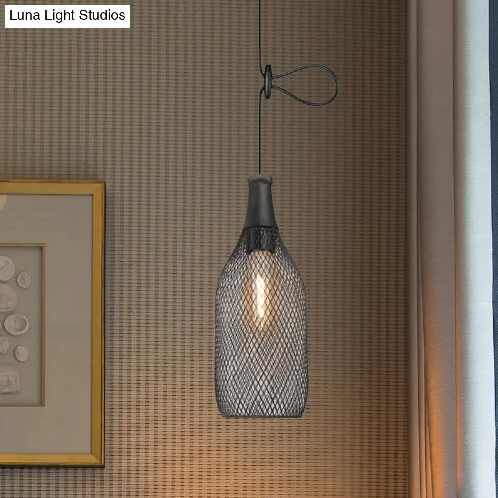 Industrial Black Wire Mesh Pendant Light with Height Adjustable Hanging Lamp for Dining Room