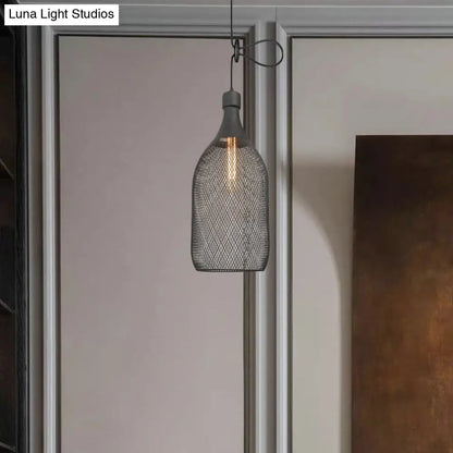 Industrial Black Wire Mesh Pendant Light with Height Adjustable Hanging Lamp for Dining Room