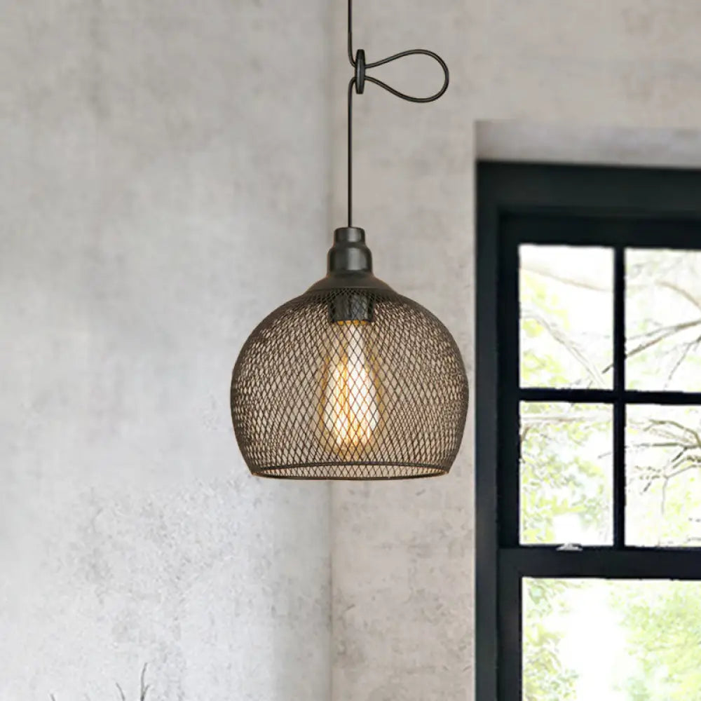 Industrial Black Wire Mesh Pendant Light with Height Adjustable Hanging Lamp for Dining Room