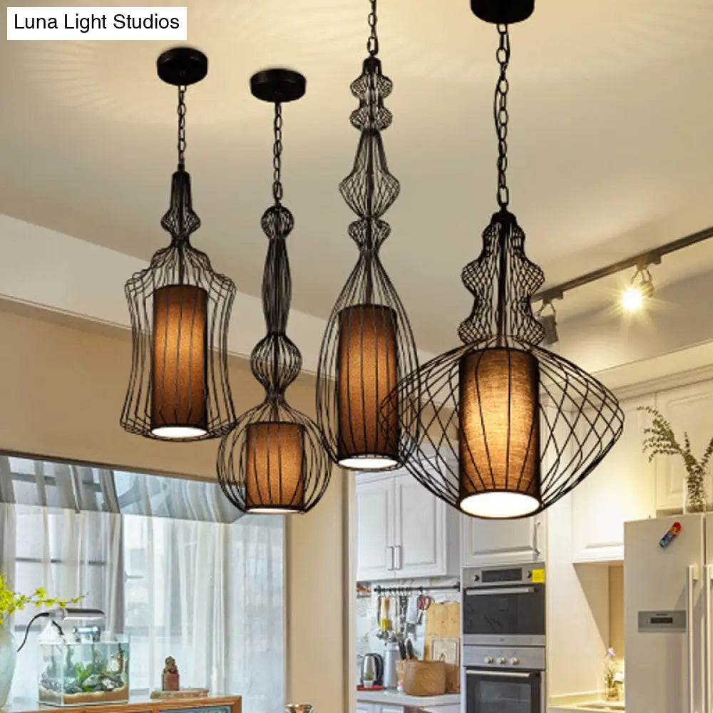 Industrial Black Wire Pendant Light with Fabric Shade - 1 Light Dining Room Fixture