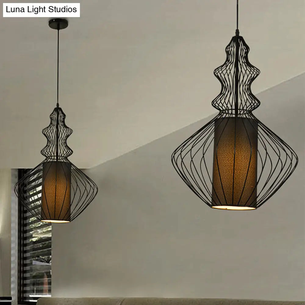 Industrial Black Wire Pendant Light with Fabric Shade - 1 Light Dining Room Fixture