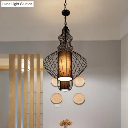 Industrial Black Wire Pendant Light with Fabric Shade - 1 Light Dining Room Fixture