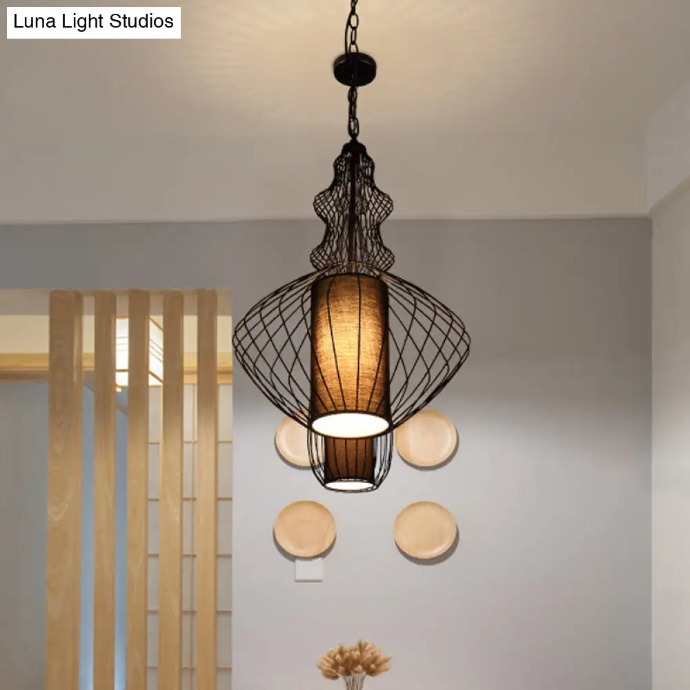 Industrial Black Wire Pendant Light with Fabric Shade - 1 Light Dining Room Fixture