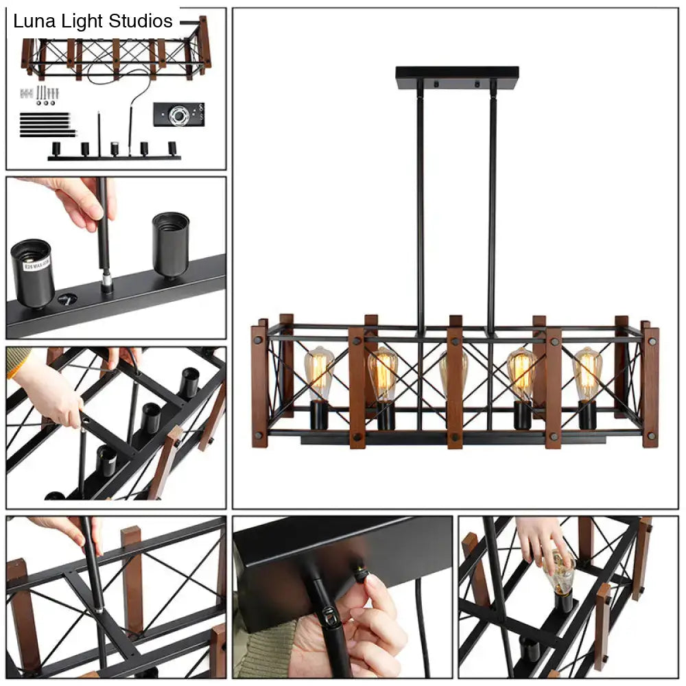 Industrial black wood farmhouse pendant light with four exposed edison bulbs compatible with e26 e27 bulbs