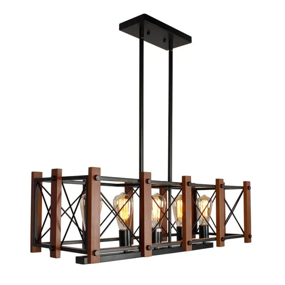 Industrial black wood 5-light island pendant with black metal frame and wooden beams featuring e26 e27 bulbs