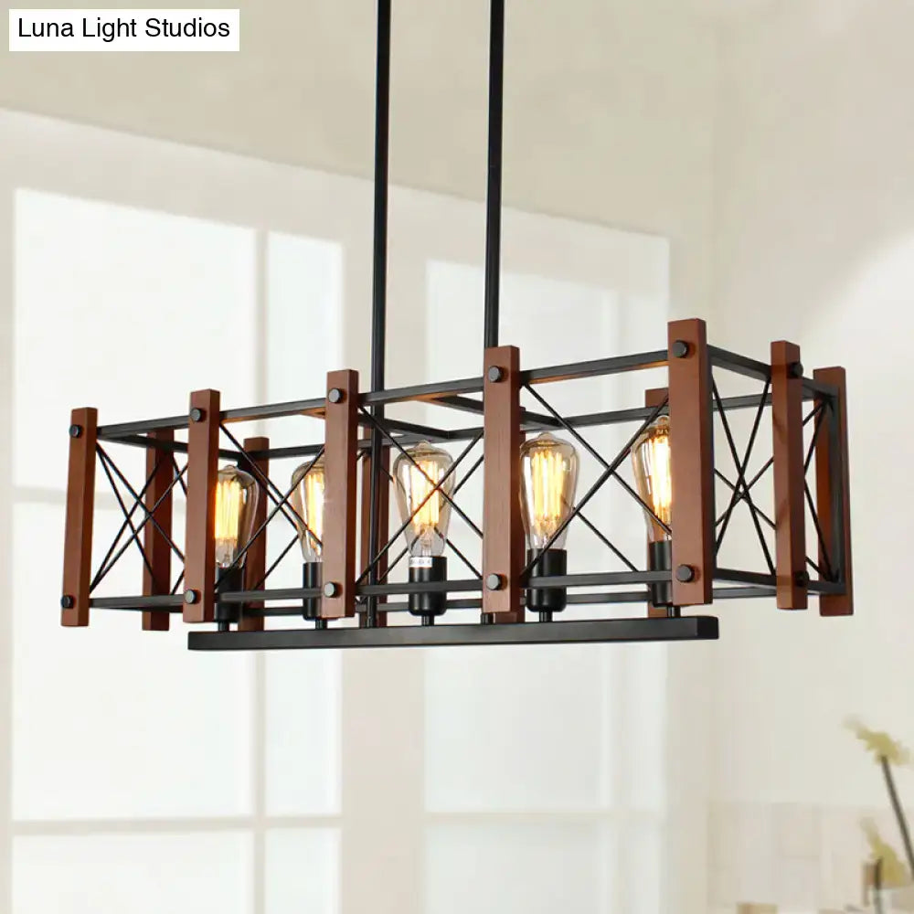 Industrial black wood 5-light island pendant with e26 e27 bulbs features a rectangular black metal frame and wood accents