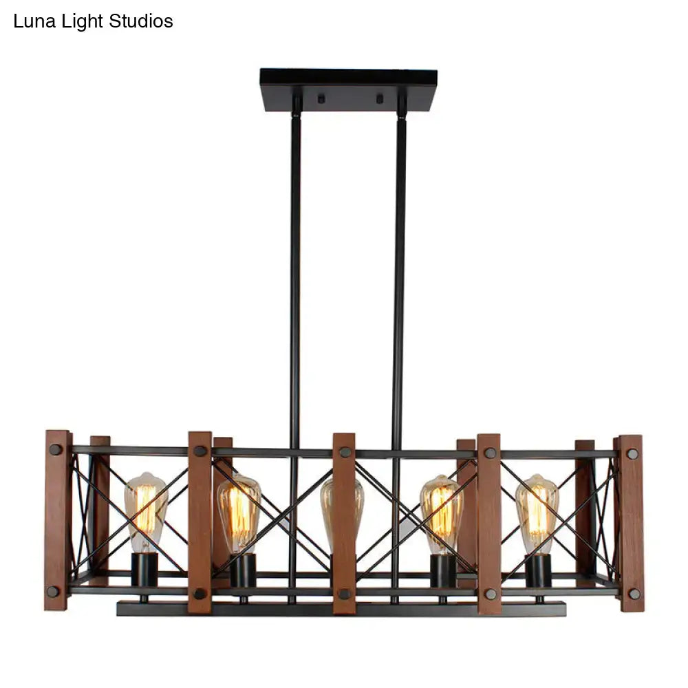 Industrial black wood 5-light island pendant with e26 e27 sockets featuring rectangular frame and exposed edison bulbs