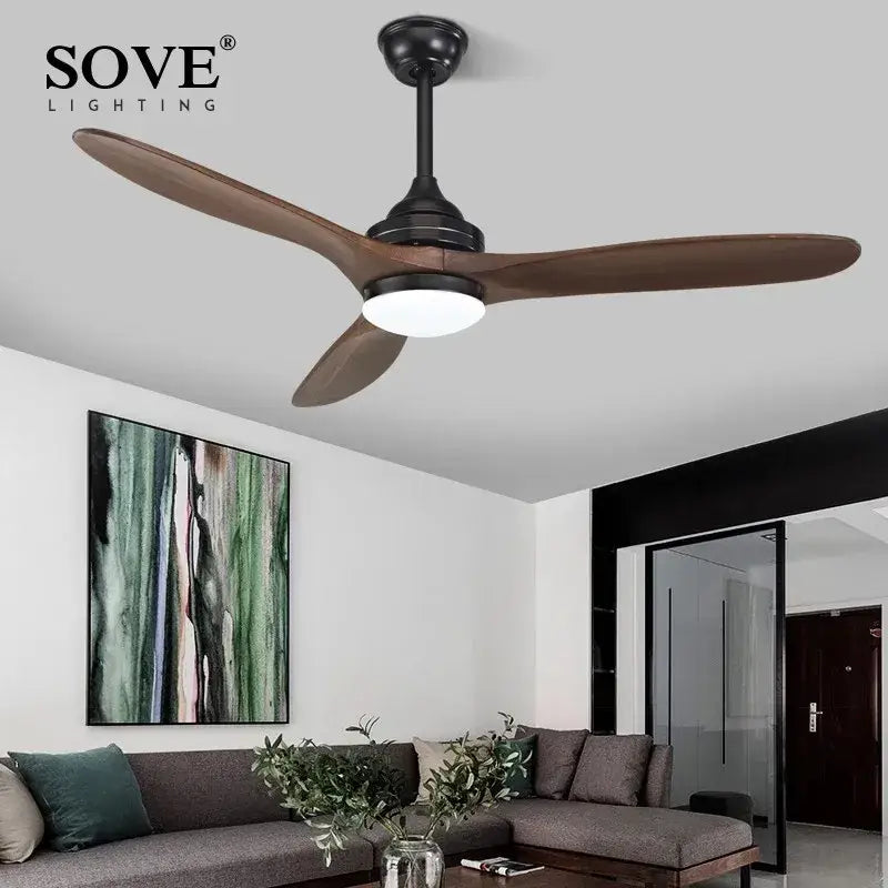 Industrial black wood ceiling fan with integrated light fixture and remote control for living room decorbites black wood style