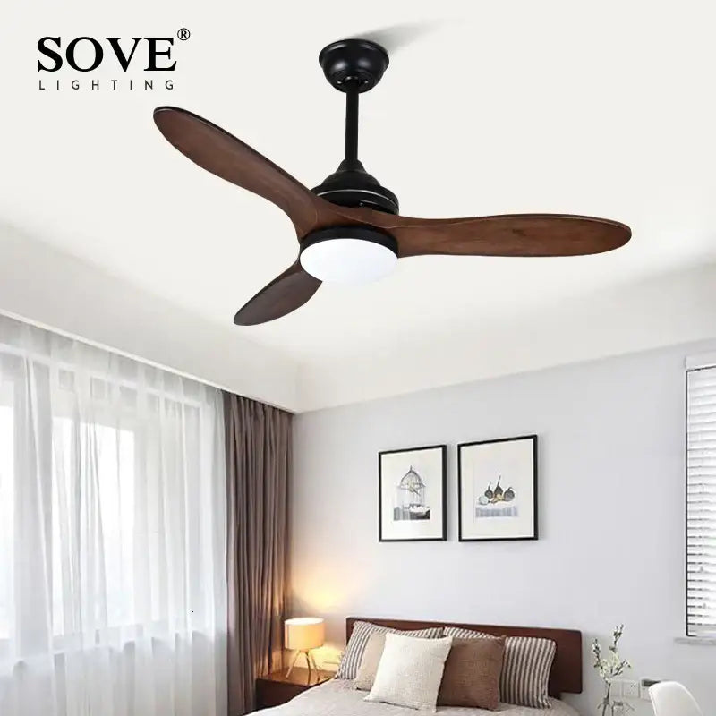 Industrial black wood ceiling fan with three blades and integrated light fixture for living room decorbites black wood design