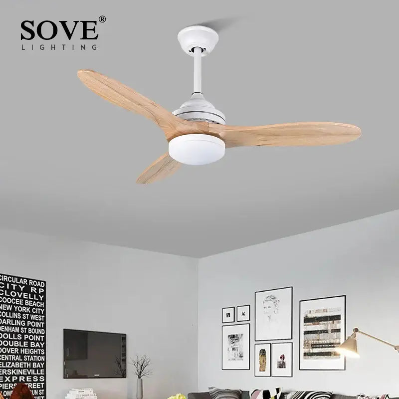 White and wood-bladed ceiling fan with integrated light fixture by sove lighting for decorbites black wood living room