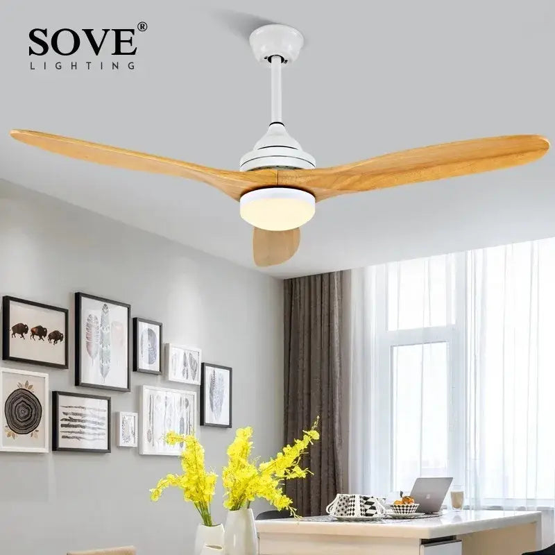 White and light wood three-blade ceiling fan with integrated lighting from sove lighting complementing decorbites black wood style