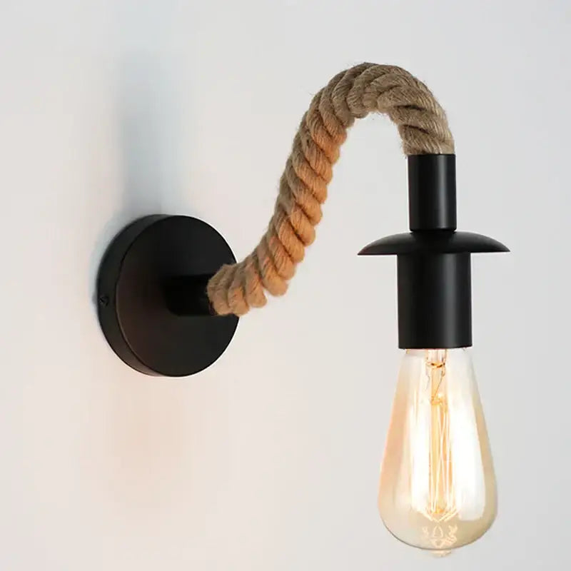 Industrial black wall lamp with twisted hemp rope arm and exposed filament bulb for decorbites hemp rope wall decor