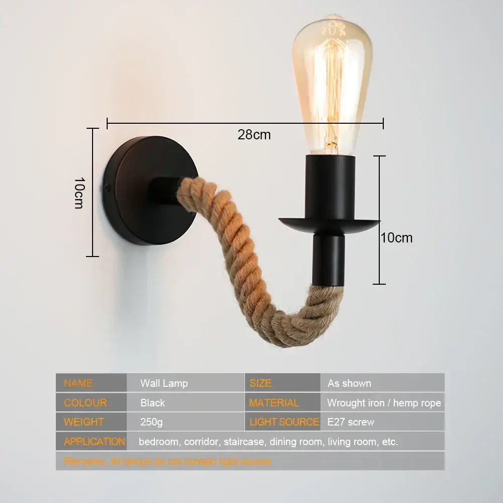 Industrial black wall lamp with coiled decorbites hemp rope arm and exposed edison bulb for bedroom sconce decor