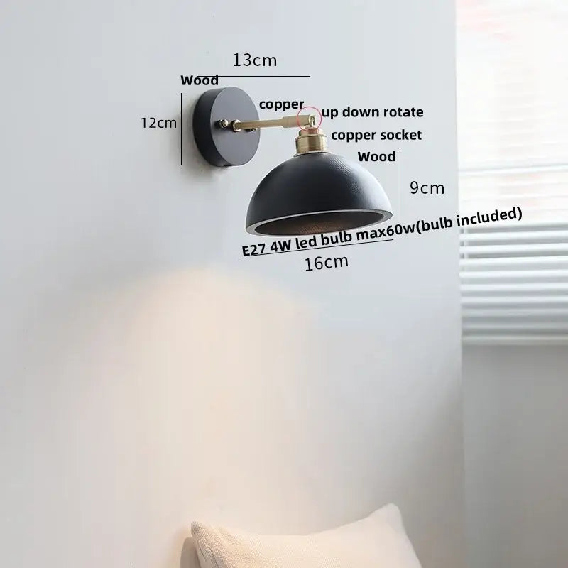 Industrial black wood led wall sconce with black dome shape copper arm mounted on wooden base for stair light decorbites black wood