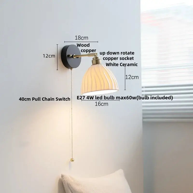 Industrial wall sconce with white ceramic fluted shade copper arm and wood copper base for decorbites black wood led use