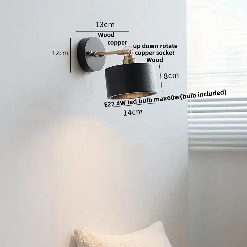 Industrial black wood led wall sconce with brass accent copper arm and wood mounting plate by decorbites black wood