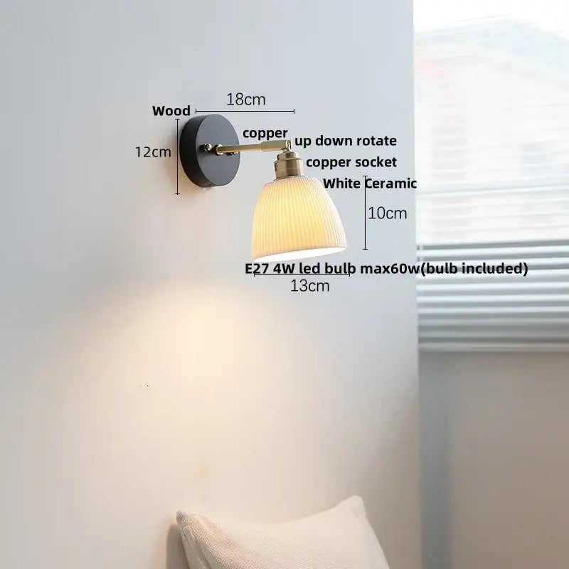Industrial black wood led wall sconce with copper arm white ceramic lampshade decorbites black wood stair light