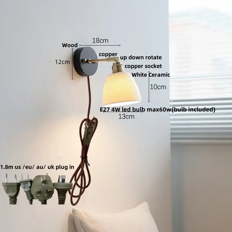Industrial black wood led wall sconce with copper arm dark wood base and white ceramic shade for decorbites black wood lighting