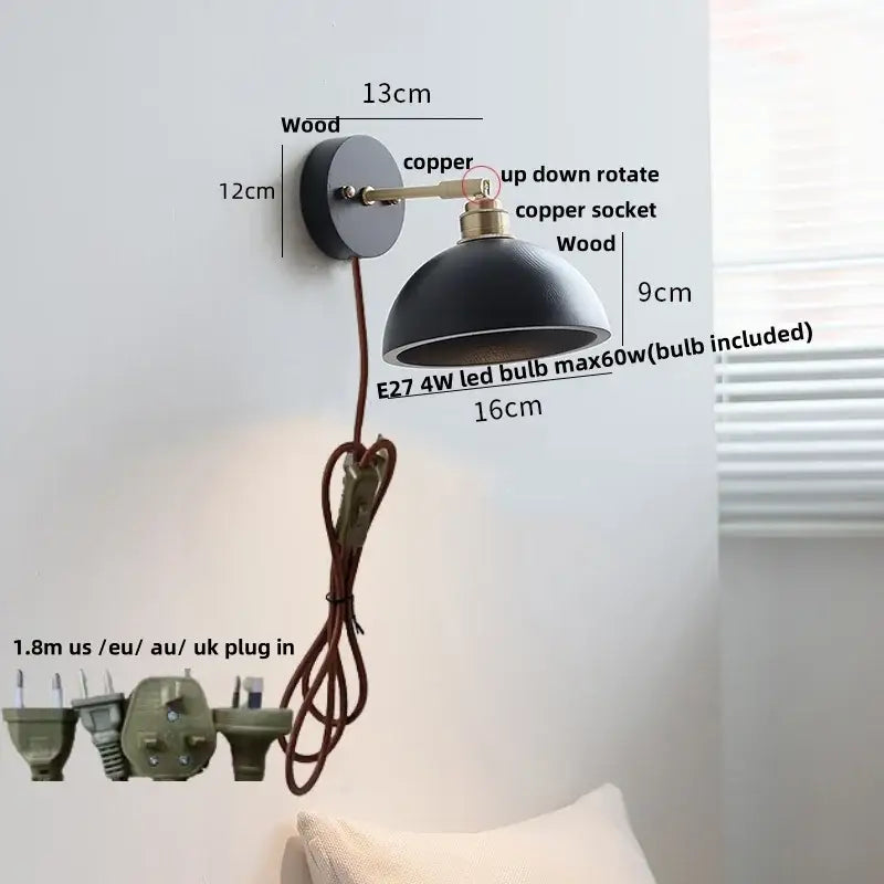 Industrial black wood led wall sconce with black dome shape wooden base and copper accents for stair lighting decorbites black wood