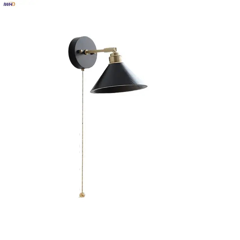 Industrial black wood led wall sconce with black matte finish brass accents and pull chain for bedroom decorbites black wood