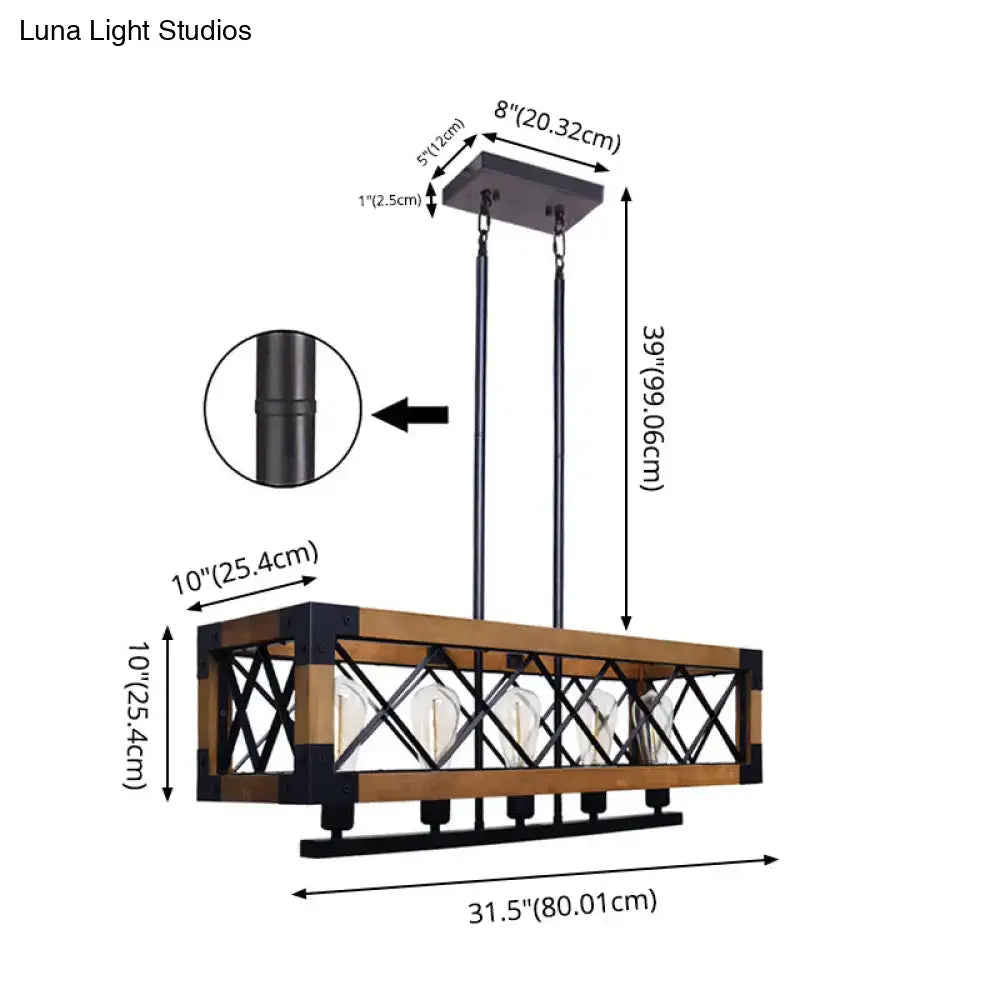 DecorBites industrial wood rectangular island chandelier light with rustic wood frame and black metal accents for living room decor