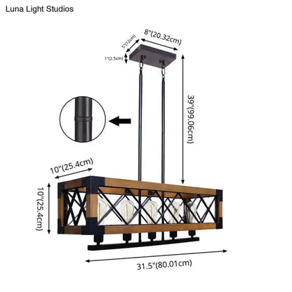 DecorBites industrial wood rectangular island chandelier light with rustic wood frame and black metal accents for living room decor
