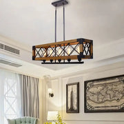 Rustic rectangular island chandelier light with wooden frame and black metal accents featuring exposed bulbs for living room decor