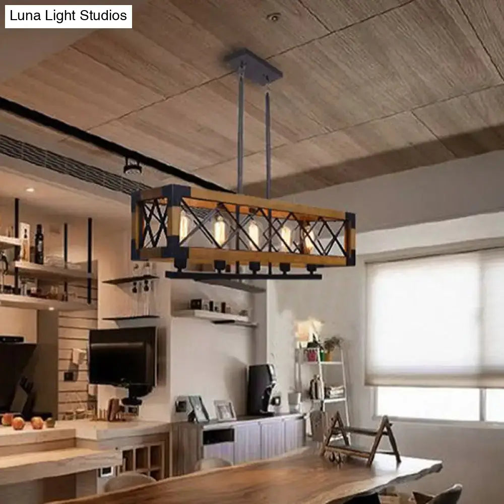 DecorBites industrial wood rectangular island chandelier light with wooden frame and black metal accents for living room decor