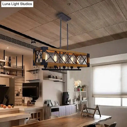 DecorBites industrial wood rectangular island chandelier light with wooden frame and black metal accents for living room decor