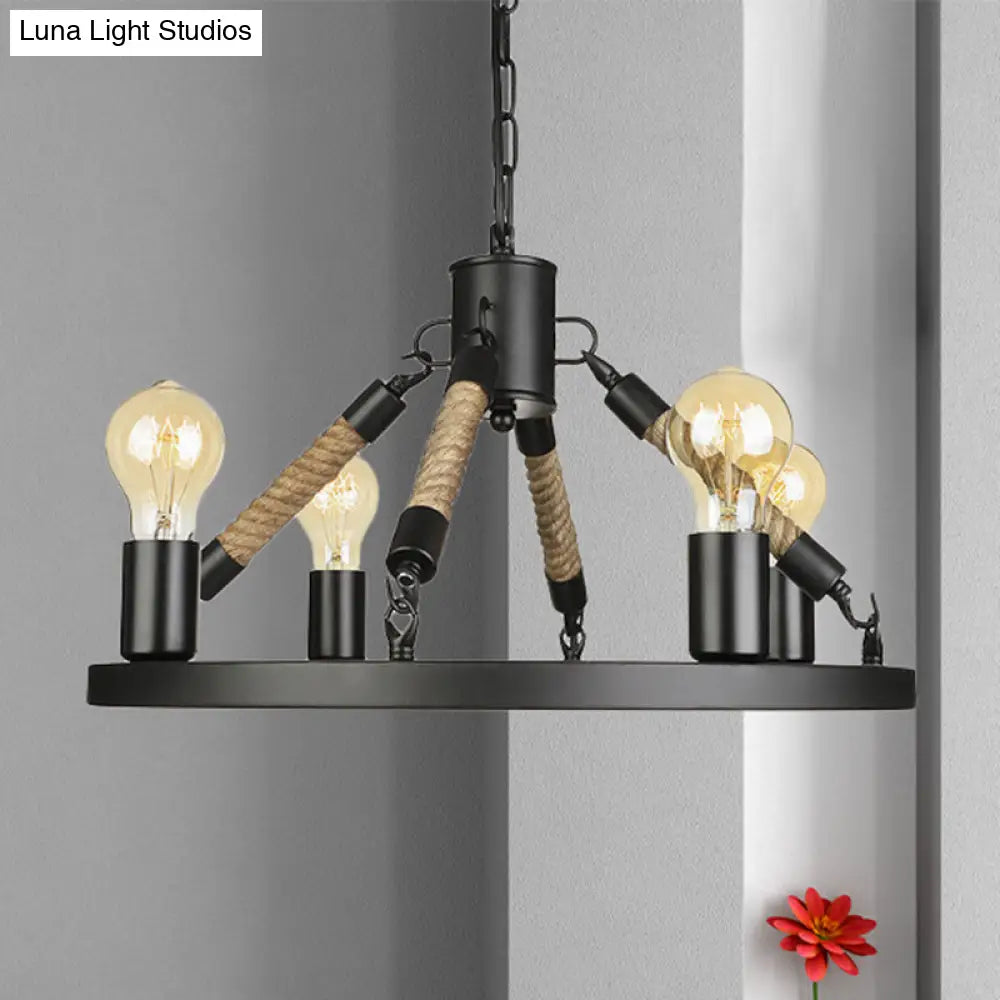 Industrial Black Wrought Iron Chandelier Light with 4 Heads, Open Bulb Pendant and Chain