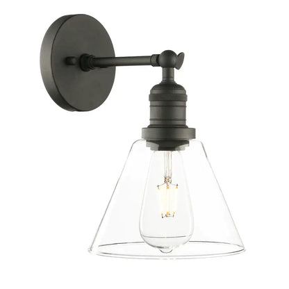 Industrial black wrought iron wall lamp with clear glass shade and exposed filament bulb for bedroom use