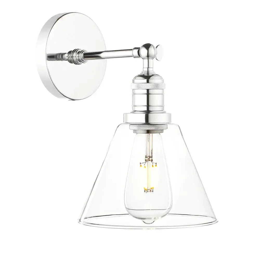 Chrome-finished wall lamp with clear glass shade and exposed filament bulb for industrial bedroom lighting