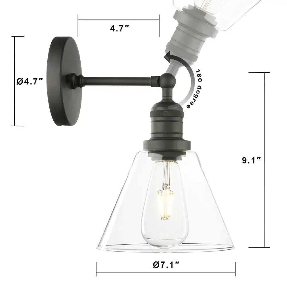 Industrial black wrought iron wall lamp with clear glass shade and exposed filament bulb for bedroom use