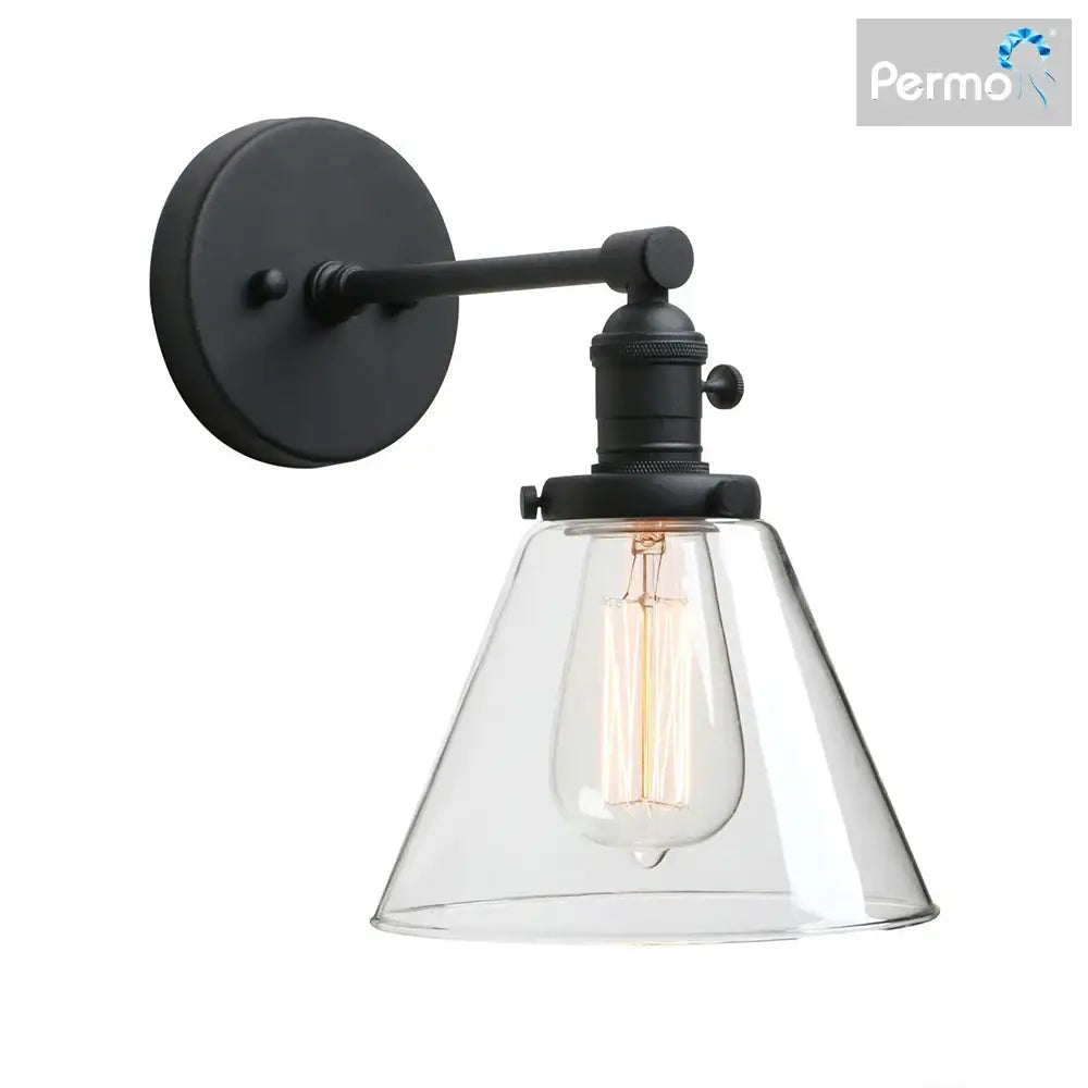 Industrial black wrought iron wall sconce with clear glass cone canopy and exposed bulb for kitchen decorbites cone canopy wall