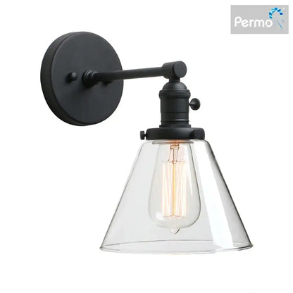 Industrial black wrought iron wall sconce with clear glass cone canopy shade and exposed filament bulb for kitchen decorbites cone canopy wall