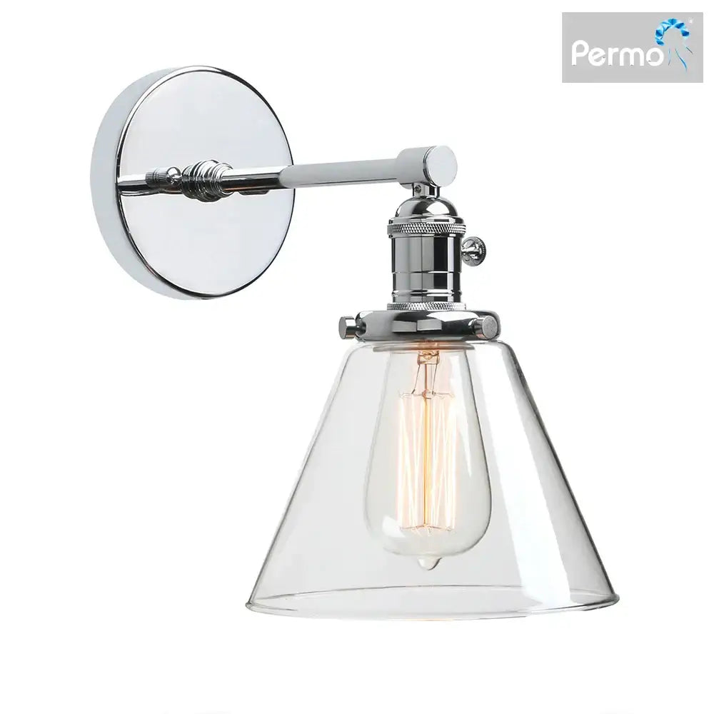 Chrome-finished permo wall sconce with clear glass conical shade and exposed filament bulb for kitchen decorbites cone canopy wall