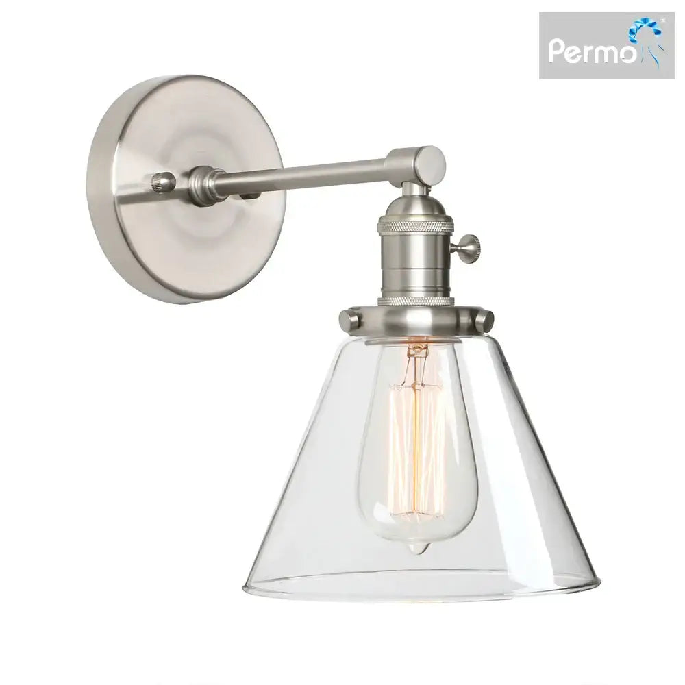 Industrial black wrought iron wall sconce with permro brushed nickel finish clear glass shade decorbites cone canopy wall