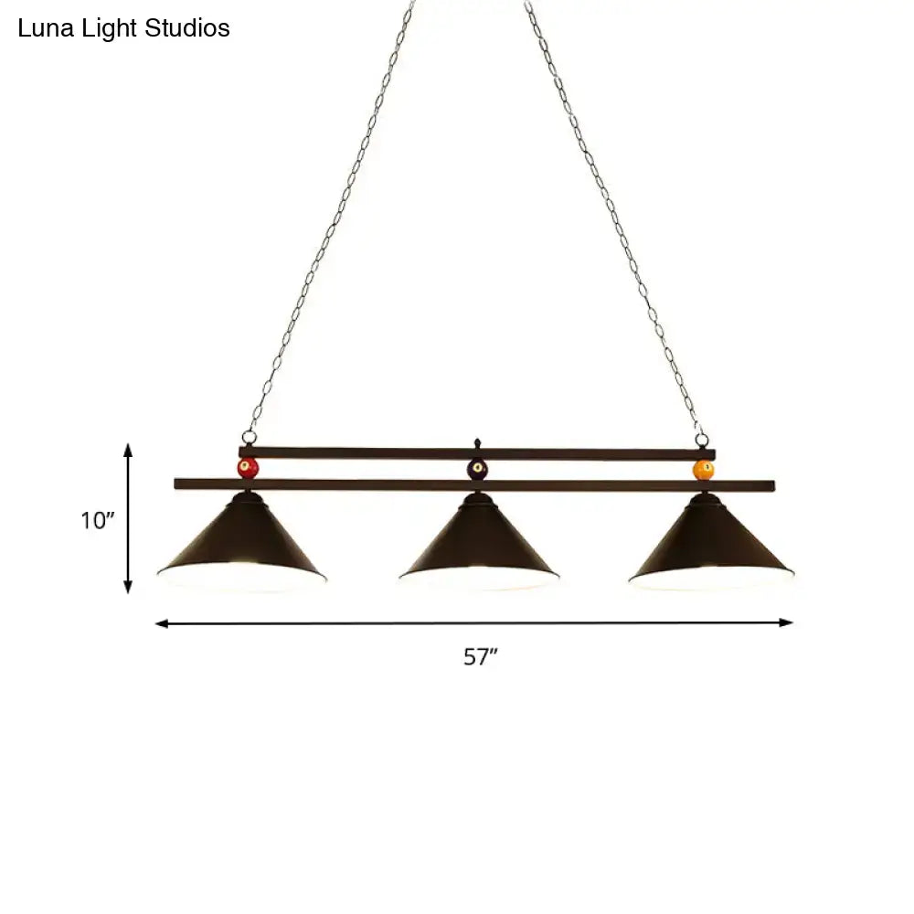 DecorBites black metal ceiling pendant with three red industrial cone shades and chain suspension for pool tables