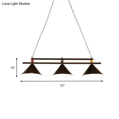 DecorBites black metal ceiling pendant with three red industrial cone shades and chain suspension for pool tables