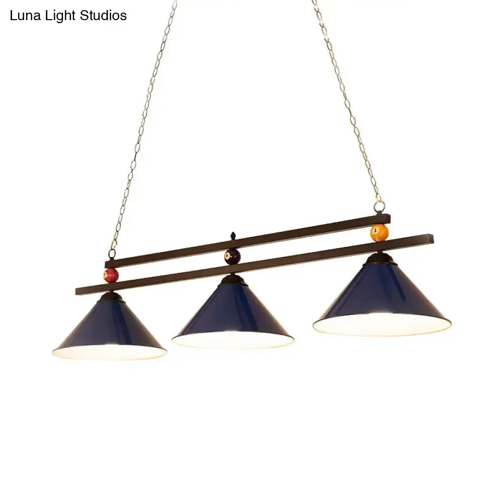 Navy blue enamel cone shade ceiling pendant lights with pool ball accents and metal chains by decorbites