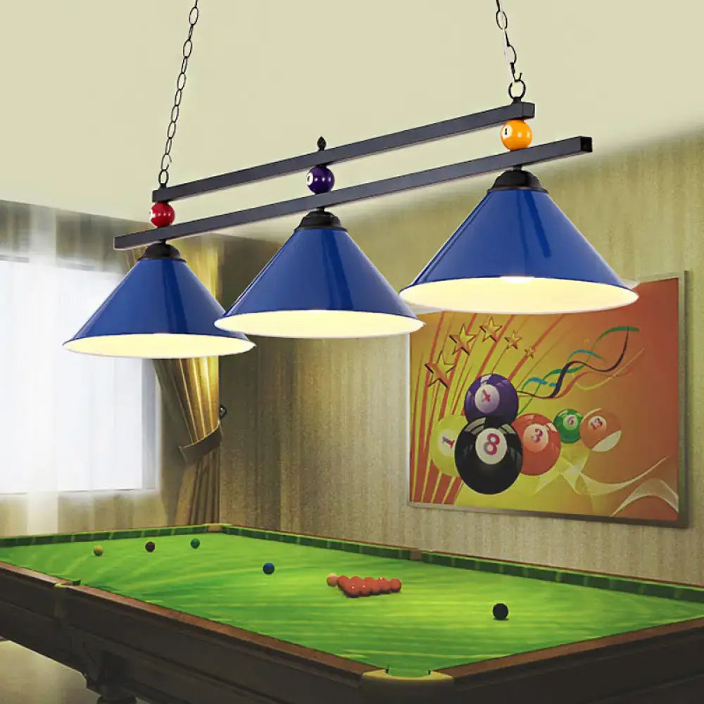 DecorBites™ black and red industrial cone shade ceiling pendant with 3 metal heads and billiard ball decor above pool table