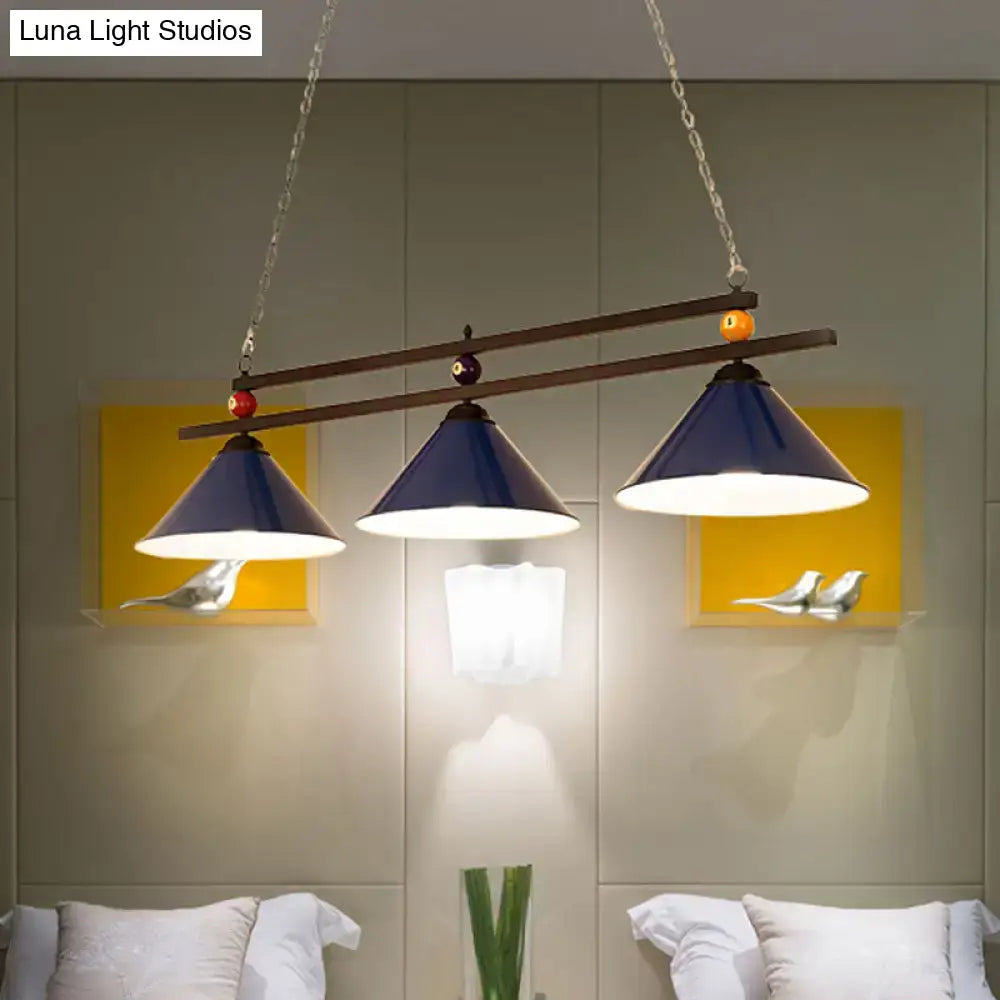 Decorbites™ blue cone shade ceiling pendant with wooden bar and chain suspension for industrial lighting