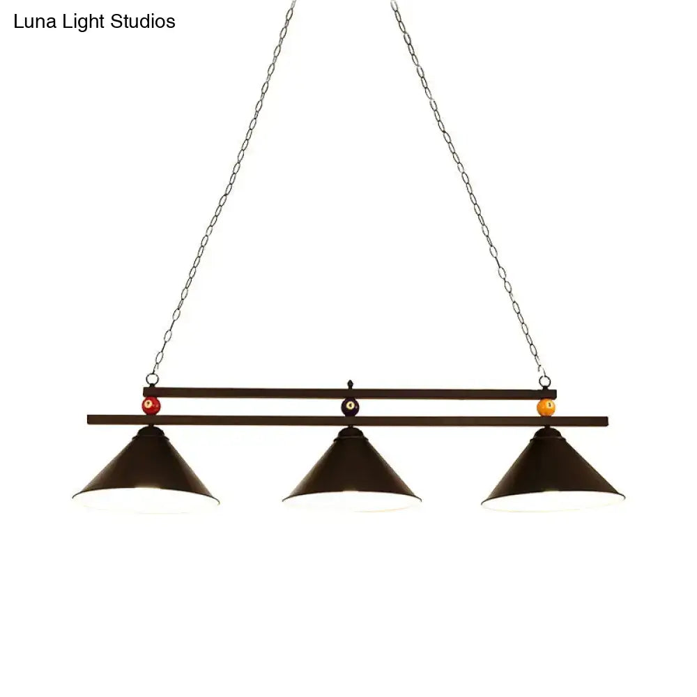 DecorBites black red industrial cone shade ceiling pendant with three dark bronze metal heads for billiard lighting