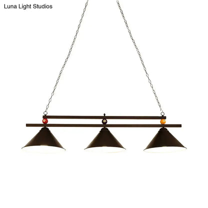 DecorBites black red industrial cone shade ceiling pendant with three dark bronze metal heads for billiard lighting