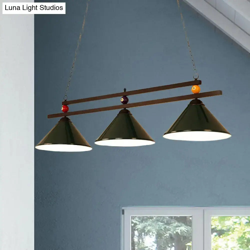 Decorbites™ black red industrial cone shade ceiling pendant with dark green metal heads and rustic wooden bar with pool ball accents