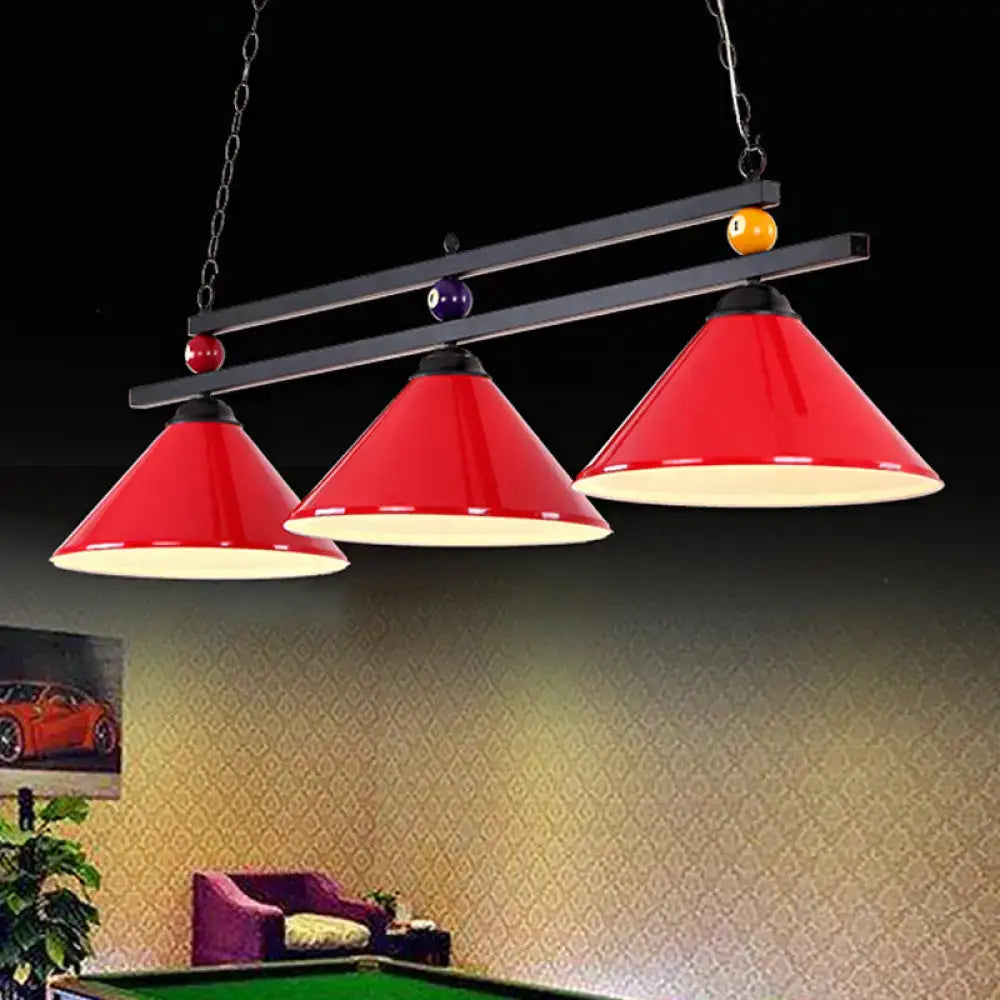 DecorBites™ black and red industrial cone shade ceiling pendant with three metal heads and colorful billiard ball decor