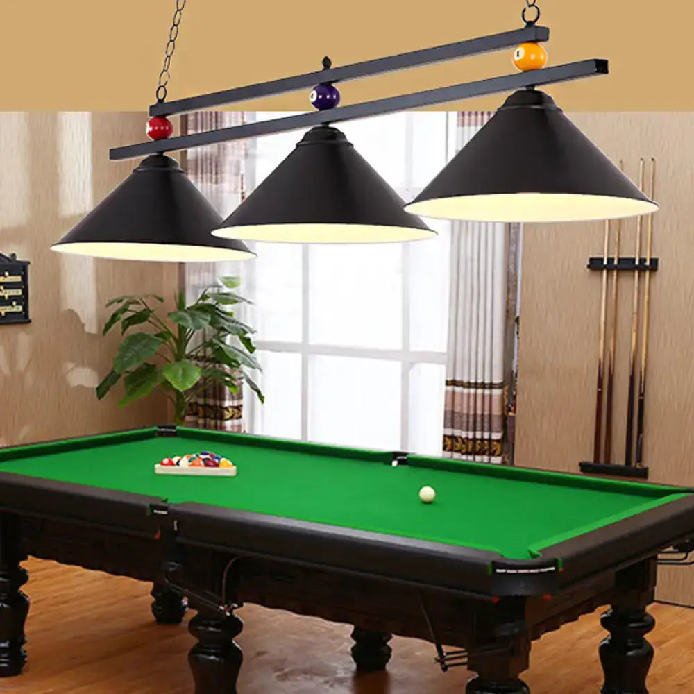 Decorbites black red industrial cone shade ceiling pendant with three metal heads and billiard ball decoration