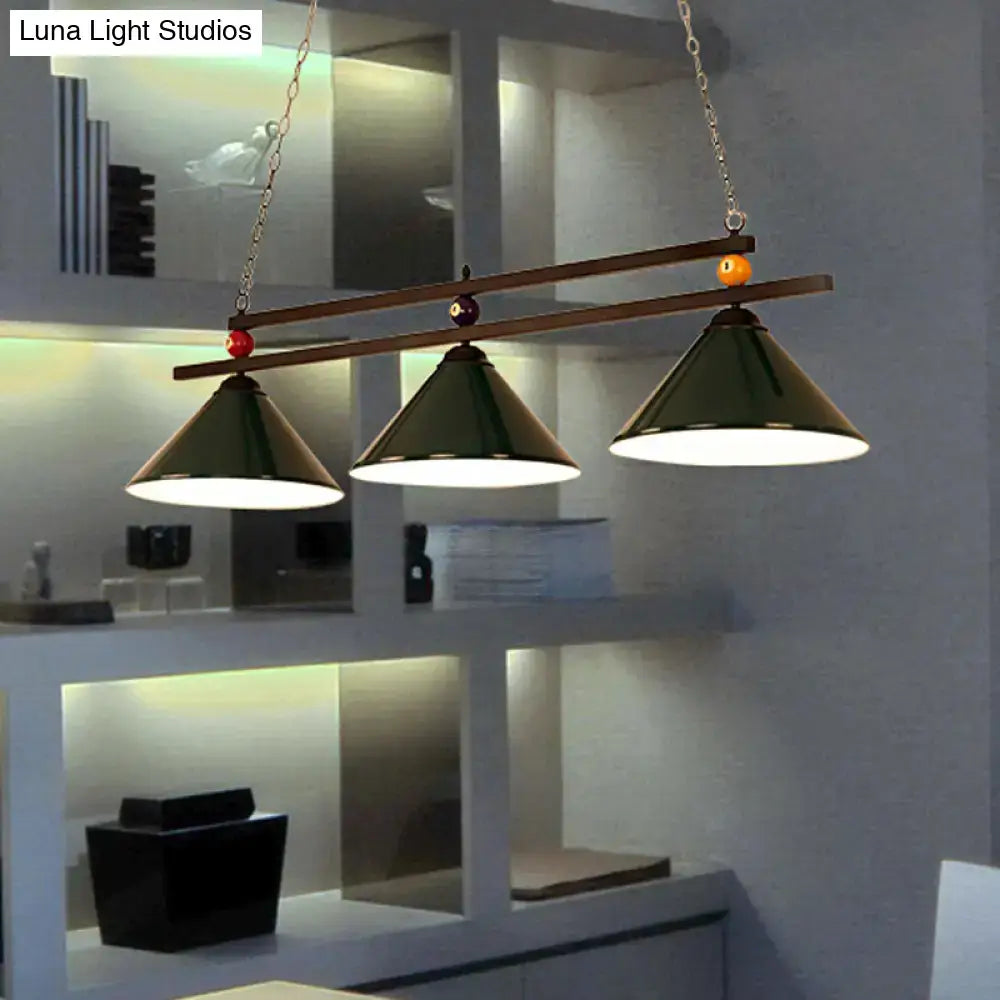 DecorBites dark green cone shade ceiling pendant with brass accents and chain suspension for industrial decor