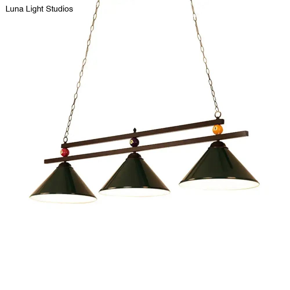 DecorBites™ dark green cone shade ceiling pendant with rustic wooden bar and chain suspension for industrial decor