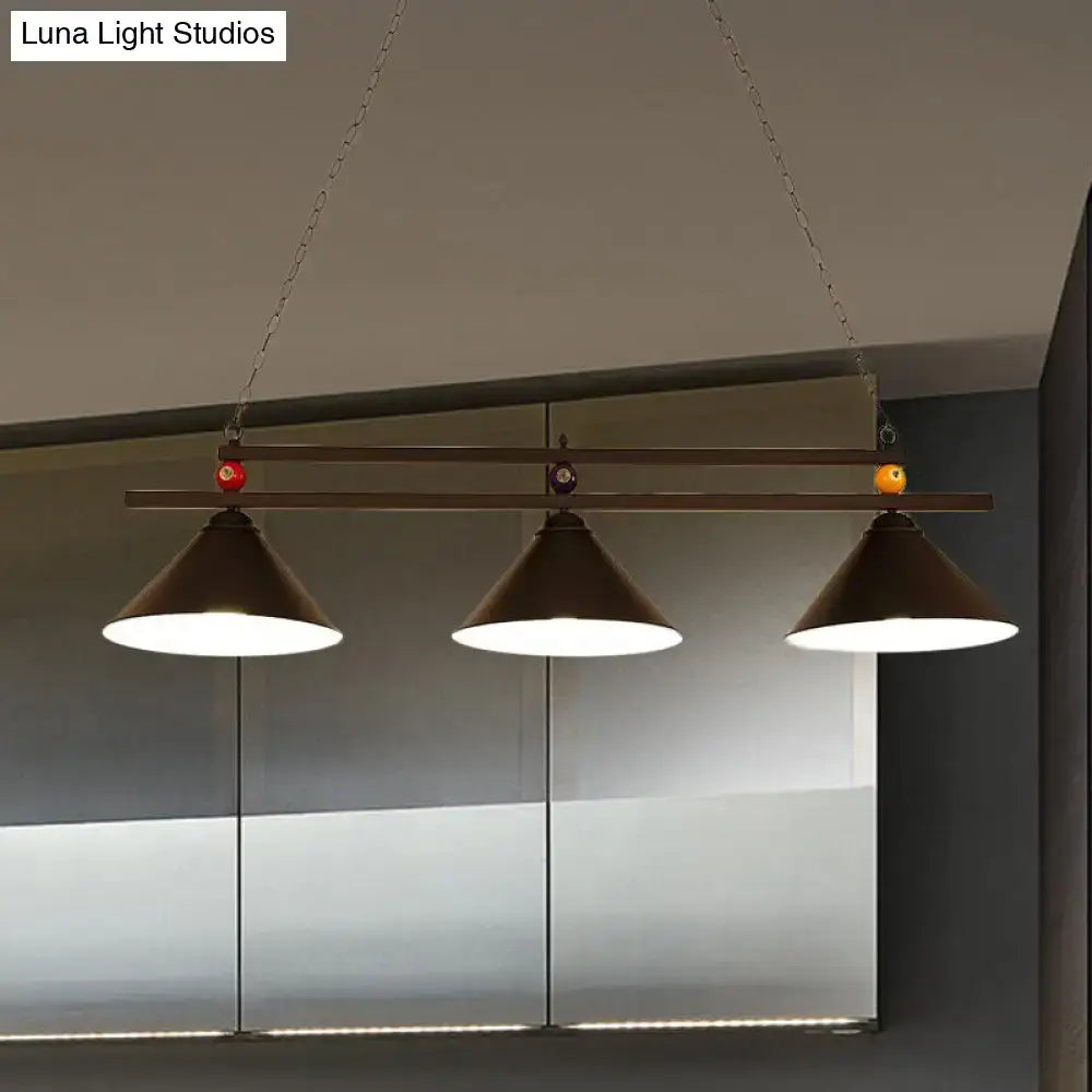DecorBites black red industrial cone shade ceiling pendant with three matte black metal heads and billiard ball accents